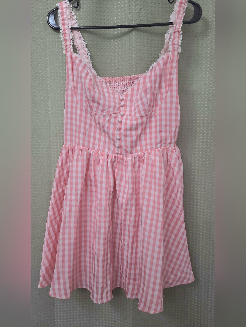 Pink Gingham Lace Trim Baby Doll Mini Dress • Size Medium - Picture 3 of 4